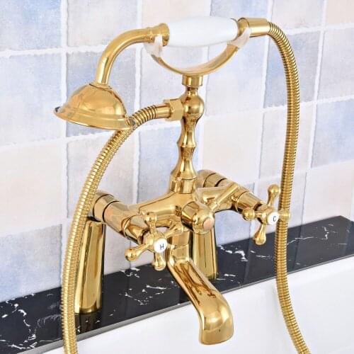 Modern Luxury Golden Brass Deck Mounted Bathroom Tub Faucet Set with 1500MM Handheld Shower Spray Head Bath Mixer Tap 2tf784