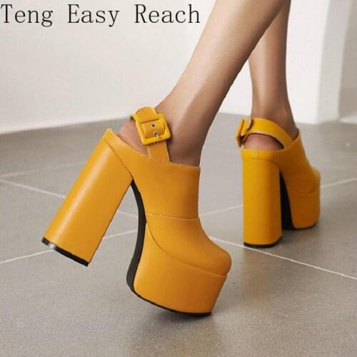 14cm Super Block High Heels Yellow Black Platform Slingbacks Pumps Goth Women Shoes Stripper Sexy Heels Plus Size 45 46