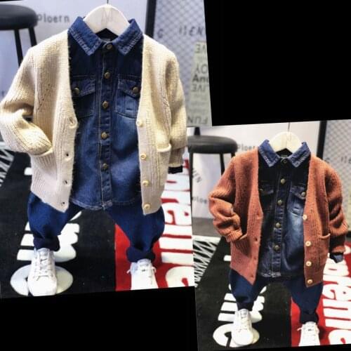 New Boys Knit Cardigan + Denim Shirt + Jeans Spring Autumn Leisure Suit for Kids Sets In Childrens 3 Piece Suits 2-6Ages