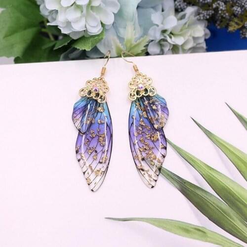 50%HOT Womens Fashion Earrings Butterfly Wings Gradient Pink Blue Sequins Long Pendant Earrings Rhinestone Ear Hook Jewelry