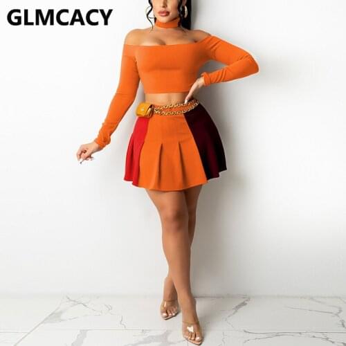 Women Two Piece Sweet Dress Suits Long Sleeve Off Shoulder Crop Top & Color Block Mini Skirt Set