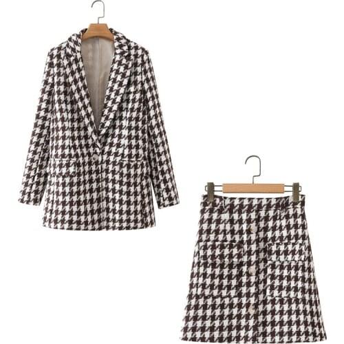 ZXQJ Vintage Women Houndstooth Brown Tweed Skirts Suits 2021 Summer Fashion Ladies Streetwear Two Piece Sets Girls Casual Sets
