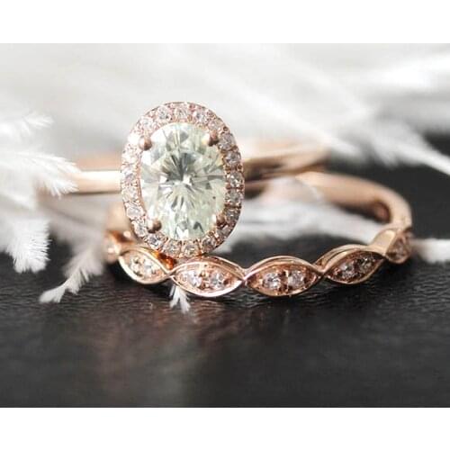 14K Rose Gold Moissanite Ring Set 5x7mm 1.0ct Oval Cut Moissanite Engagement Ring with Match Band For Women