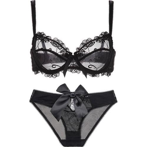 Womens sexy lace lingerie embroidered bow tie thin slim luxury push up bra set bra+panties 2 PCS