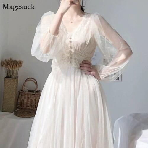 Vestidos Spring Summer Elegant Mesh Dress Women Lace Up White Party Dress Long Sleeve V-Neck Sexy Dresses For Women Casual 8126