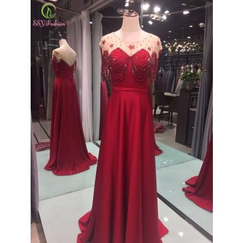 SSYFashion New High-end Evening Dress Bride Married Wine Red Tassel Crystal Beading Long Prom Formal Gowns Vestidos De Noche