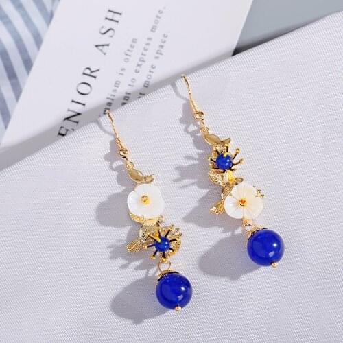 Gold Bird Earring Unusual Shell Flower Chinese Style Earrings For Women Girl Accessories Natural Stone Vintage Elegant Ear Rings