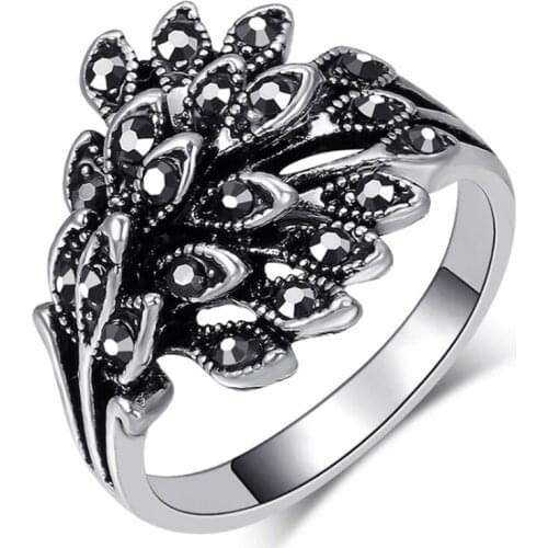 Antique Silver Plated Layer Leaf Inlay Black Crystal Finger Ring for Valentines Day Jewelry