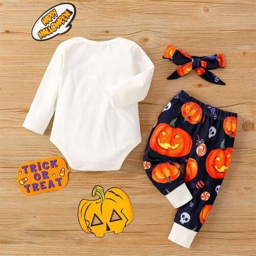 Baby Halloween Clothes For Newborn Boys Girls Long-Sleeved Pumpkin Skull Letters Printed Romper Round Neck Top Trousers Hat Sets