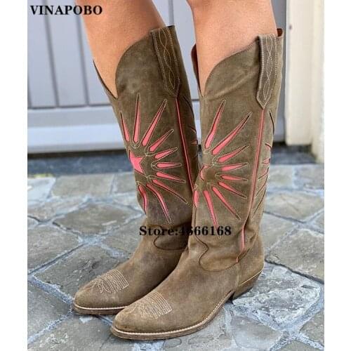 Designer Genuine Leather Long Boots Women Sexy Rivets Studded Chunky Heel cowboy knight boots Retro flat heel Knee High Boots