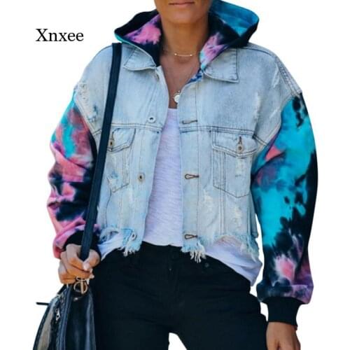 Spring and Autumn Womens Denim Jacket Loose Casual Blue Hoodie Jacket Tie-Dye Sleeve Patchwork Hooded Denim Jacket