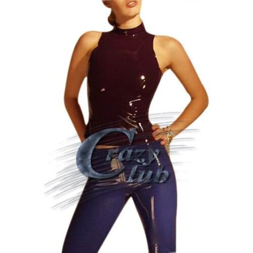 Erotic Sexy Uniform Women Purple Latex Tops Female Clothes Fetish Top latex round neck sleeveless with zip back Fast Delivery