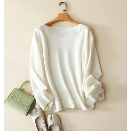 Korean fashion autumn winter new 100% cashmere slash neck sweaters women drop shoulder oversized pullovers nice cut