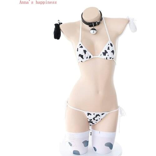 Anime Milk Cow Cosplay Halloween Costume Lolita Girl Cute Bikini Suit Underwear Sexy Bra and Panty Lingerie Set Stockings