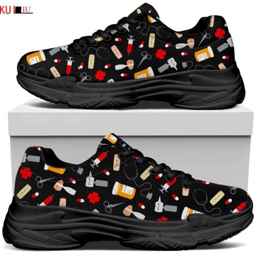 KUILIU Graffiti Print Women Black Platform Shoes Increasing Comfortable Luxury Brand Casual Flat Bottom Breath Lady Mesh Shoe