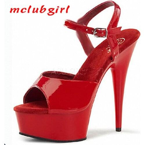 Mclubgirl 15cm Heels Pure Color Fish Mouth Buckle Patent Leather Sexy Stiletto Sandals Fish Mouth Thick Bottom Womens Shoes LYP