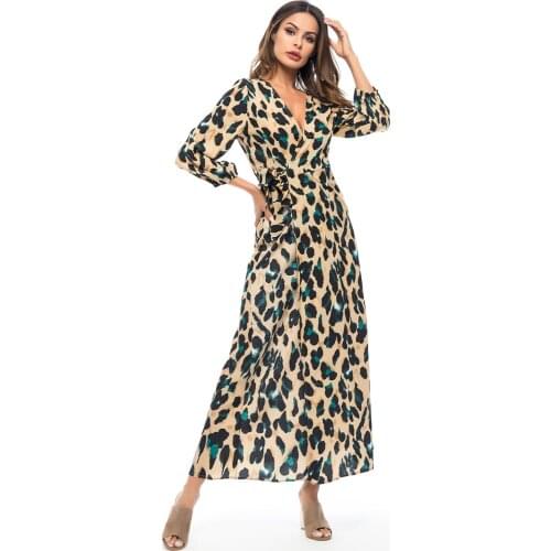 Donsignet Muslim Dress Middle East Arab Muslim Fashion V-neck Leopard Print Lace-up Dress Arabia Dubai Abaya Turkey Long Dress
