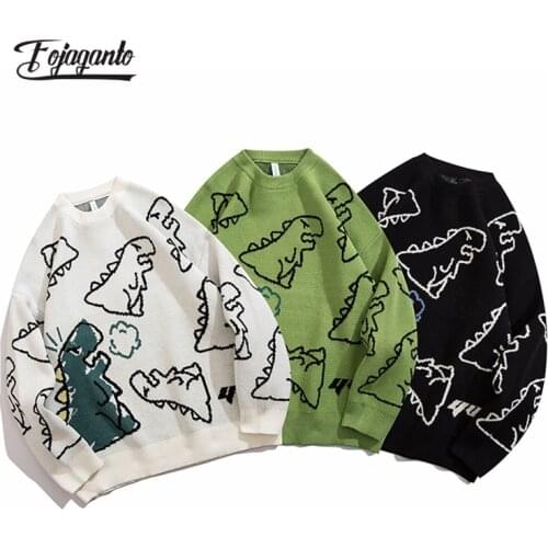 FOJAGANTO Sweater Men Harajuku Knitted Hip Hop Streetwear Dinosaur Cartoon Pullover O-Neck Oversize Couple Casual Mens Sweaters
