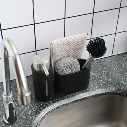 4pcs/set Kitchen Sink Caddy Cleaning Kit Soap Dispenser Steel Ball Brush Storage A0NA