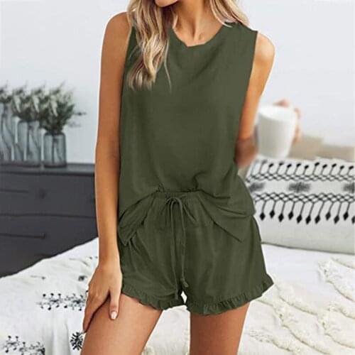 Solid Color Women Wooden Pajama Sets Sleeveless Top and Shorts Ladies Home Service Two-piece Suit