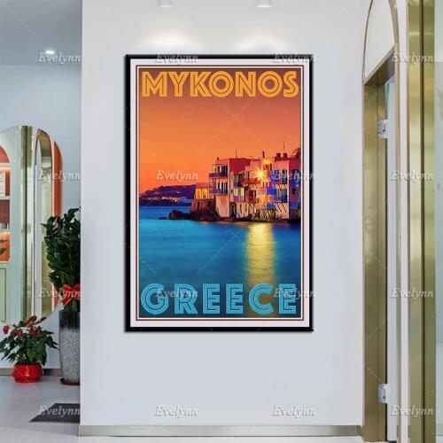 Retro Vintage Style Travel Poster Mykonos Greece Oil Painting Posters and Print on Canvas Hd Wall Art Pictures Living Room Decor