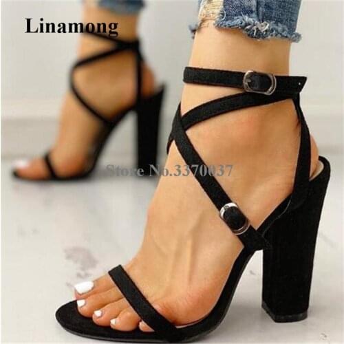 Summer New Fashion Women Open Toe Suede Leather Chunky Heel Gladiator Sandals Black Strap Cross Thick High Heel Sandals Heels