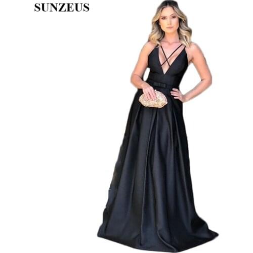 Front Criss-Cross Sexy Evening Dresses Black Satin A-Line Women Formal Dresses Backless Night Party Gowns robe longue