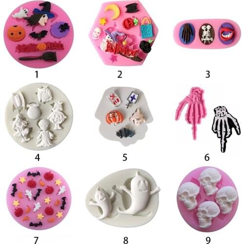 Halloween Silicone Molds Fondant Cream Chocolate White Molds Hand Skeleton Spider Bats Pumpkin Owls Clay For Kitchen Baking
