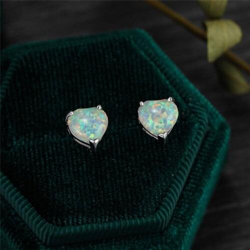 White Blue Fire Opal Love Heart Stud Earrings For Women Wedding Jewelry Female Luxury Fashion Couple Engagement Promise Earrings