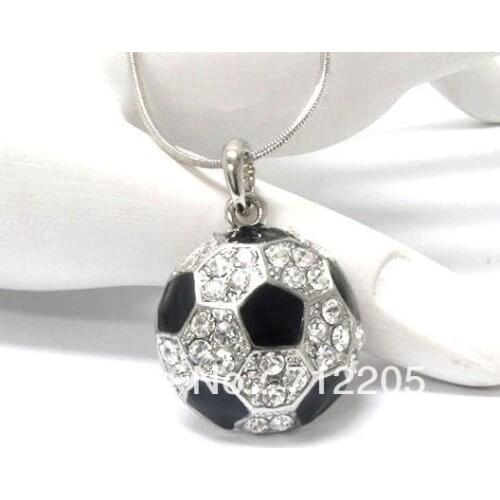 Sport black enamel football with crystal pendant necklaces