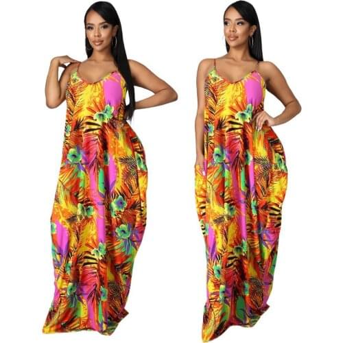 Loose Suspender Dresses Traf Multicolor Printed Backless Sleeveless Casual Sexy Vintage LOOSE Long Strap Skirt V-Neck Summer