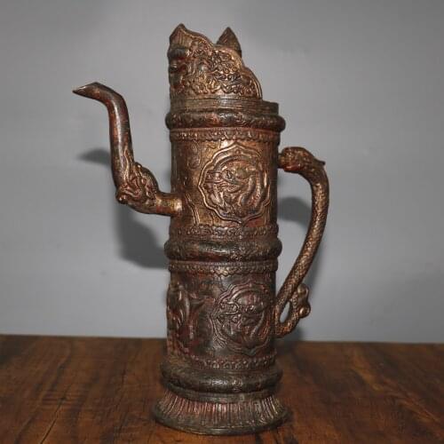 13" Tibet Buddhism Old Bronze Cinnabar Lacquer Dragon handle Horse milk jug Butter teapot Big Tibetan Pot Town House