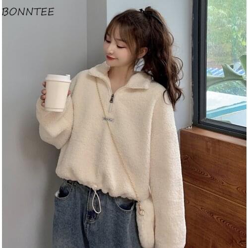 Women Hoodies Plus Velvet Short Stand Solid Full Sleeve Loose Fashion Chic Lazy Female Streetwear Korean Style Ins Casual New