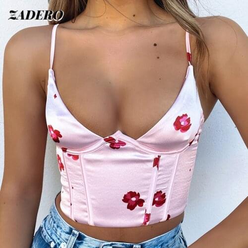 Crop Tops Women Y2k Satin Corset Top with Straps 2021 Summer Floral Print V Neck Sleeveless Club Party Streetwear Bodyson Casual