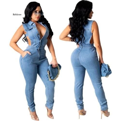 Women Jeans Casual Romper Sexy Women Sleeveless Bodycon Blue Denim Straight Jumpsuit Overalls Plus Size New