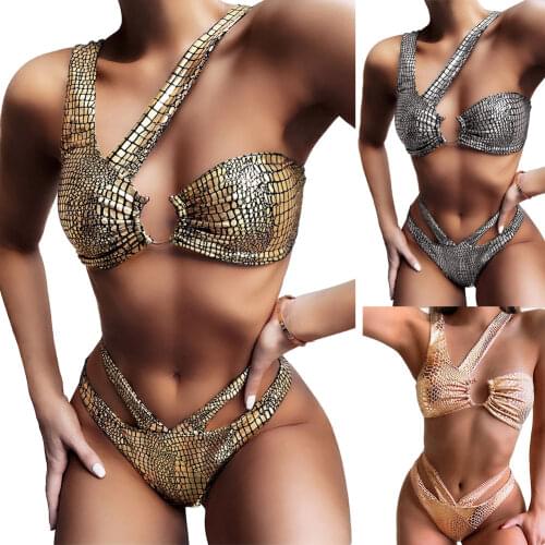 Bronzing Fabric Bikini Swimsuit Womens Sexy Hollow Out Split Two Piece Bathing Suit with Chest Pad