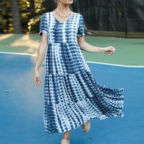 Tie Dye Printed Womens Maix Dress Loose Party V-Neck Ruffled Short Sleeve Casual Vestidos Women Fashion Cupcake Dresses 2021