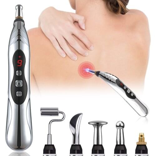 Rechargeable Electronic Meridian Acupuncture Energy Massage Pen with 9 Levels 5 Massage Heads for Pain Relief Body Health Care