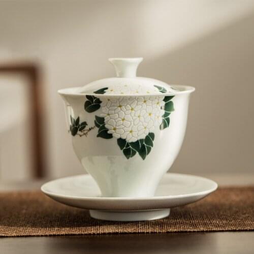 Anti-hot Hydrangea Sancha Flowers Design Covered Bowl Home Office Hotel Ceramic Teacup Kung Fu Tea Set Drink Cup 160mL 150mL