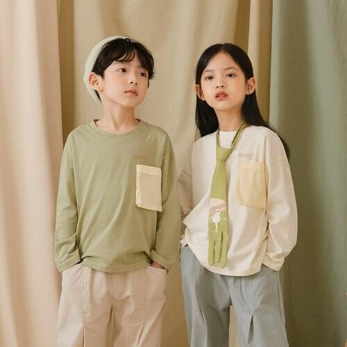 Childrens Clothing 2021 Spring Boys Girls Casual Loose Cotton T Shirts Kids Pockets Long Sleeve T-shirt 2-9 Y Toddler Baby Tops