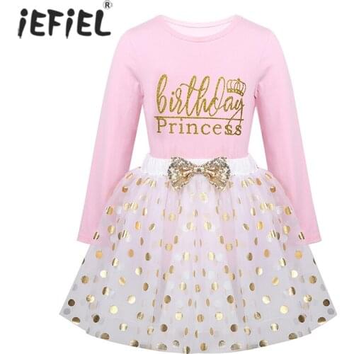 Cute Letter Print Kids Clothes Girls Birthday Princess Polka Dots Tutu Dress Casual Party Long Sleeve Shirts Baby Girl Clothes