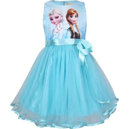 2~9 Years Spring Autumn Summer Disney Frozen Elsa Anna Cartoon Print Child Girl Sleeveless Princess Dress Pink Blue Bow Net Yarn