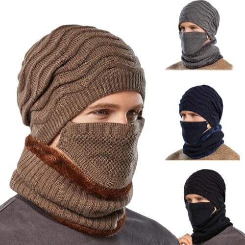 3pcs Winter Hat Beanies Hats Scarf Set Thicken Knitted Hat And Scarf Face Cover Set Mens Full Cover Warm Caps casquette homme