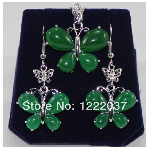 Pretty Natural green jade silver butterfly pendant Necklace earrings set