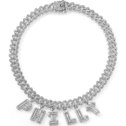 Freewear Hiphop DIY Statement 12mm S-Link Miami Cuban Necklace Baguette Letter Pendant anklet Jewelry Wholesale Own Style