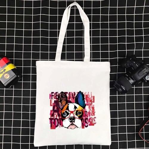 Reusable Handbags Canvas Tote Bag High Quality Dog Pattern Shopper Handbag Eco-friendly Foldable Large Beach Bag for Towels