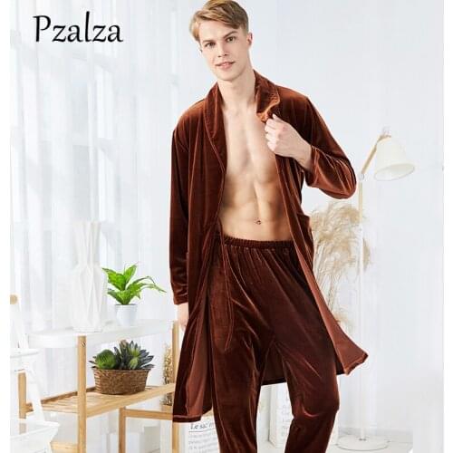 Two-Piece Mens Night Robe Winter Nightgown Robe Soft Warm Velour Male Long Robe+Pants Bathrobe Men Robe Set Belt Long Sleeve