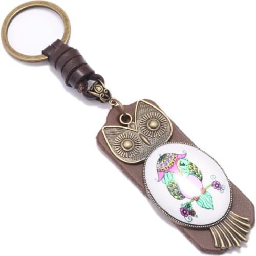 New Arrival Korean Cartoon Animal Owl Glass Key Chains Charm Car Key Leather Owl Shape Keyring Accessories Holiday Party Gifts