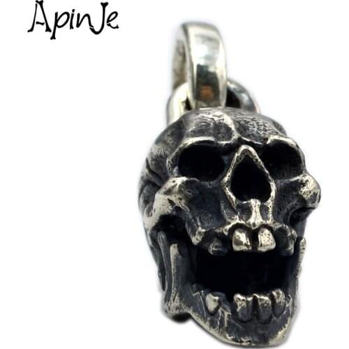 Apinje Real Vintage 925 Sterling Silver Skull Pendant Men Punk Gothic Necklace Pendant Thai Silver Hip Hop Rock Jewelry