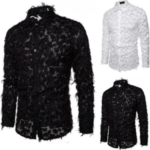 Hollow transparent shirt mens nightclub host singer performance clothes personality feather long-sleeved large size black white